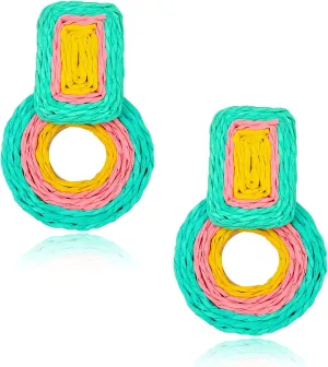 Raffia Drop Earrings for Women Boho Rattan Earrings Statement Geometric Dangle Earrings Handmade Straw Wrapped Hoop Drop Earrings Summer Beach