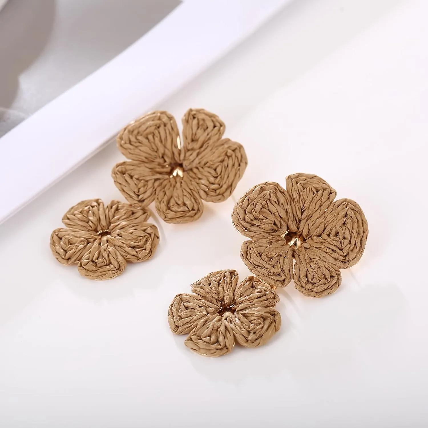 Raffia Flower Earrings, Raffia Straw Wrapped Flower Drop Dangle Earrings Summer Tropical Beach Jewelry