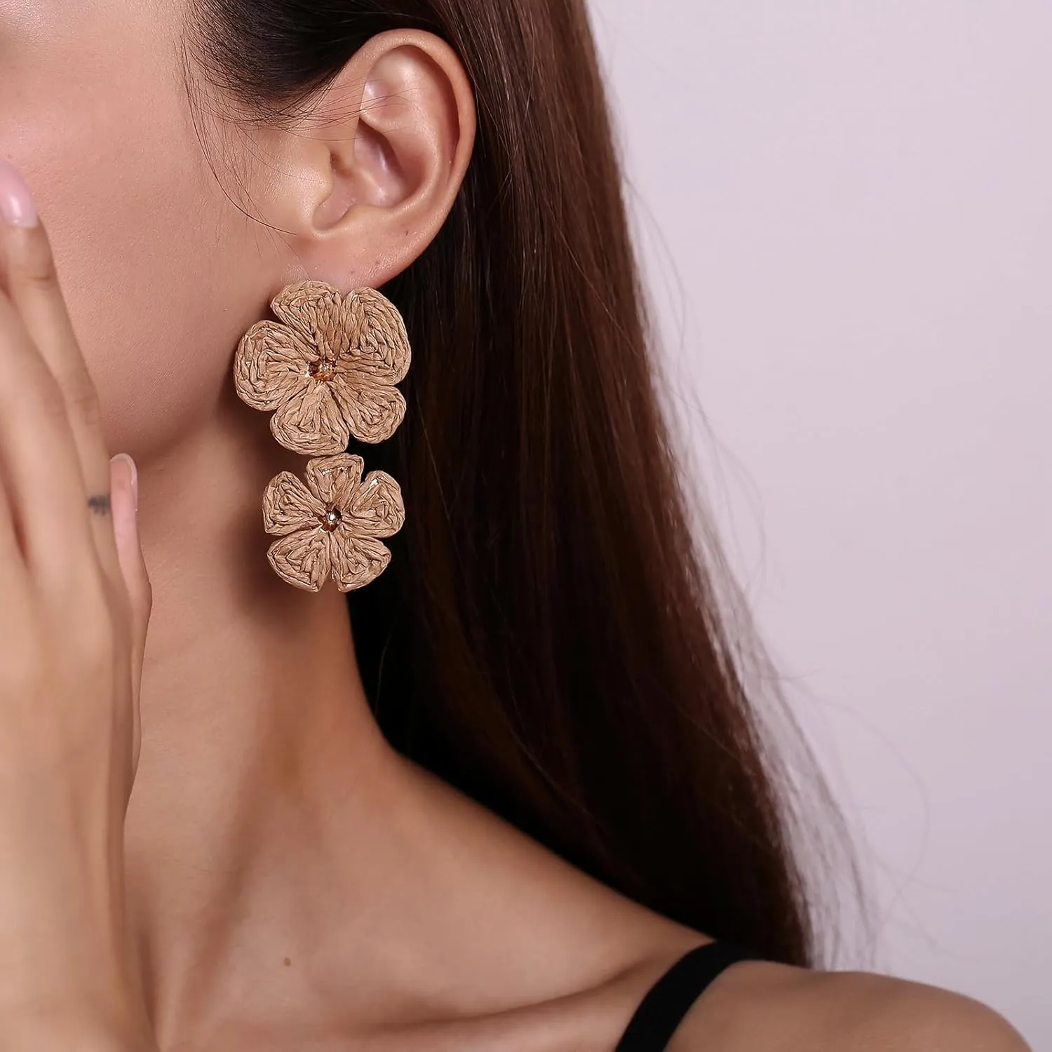 Raffia Flower Earrings, Raffia Straw Wrapped Flower Drop Dangle Earrings Summer Tropical Beach Jewelry