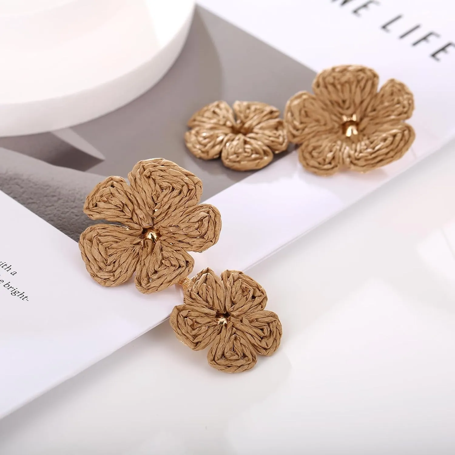 Raffia Flower Earrings, Raffia Straw Wrapped Flower Drop Dangle Earrings Summer Tropical Beach Jewelry