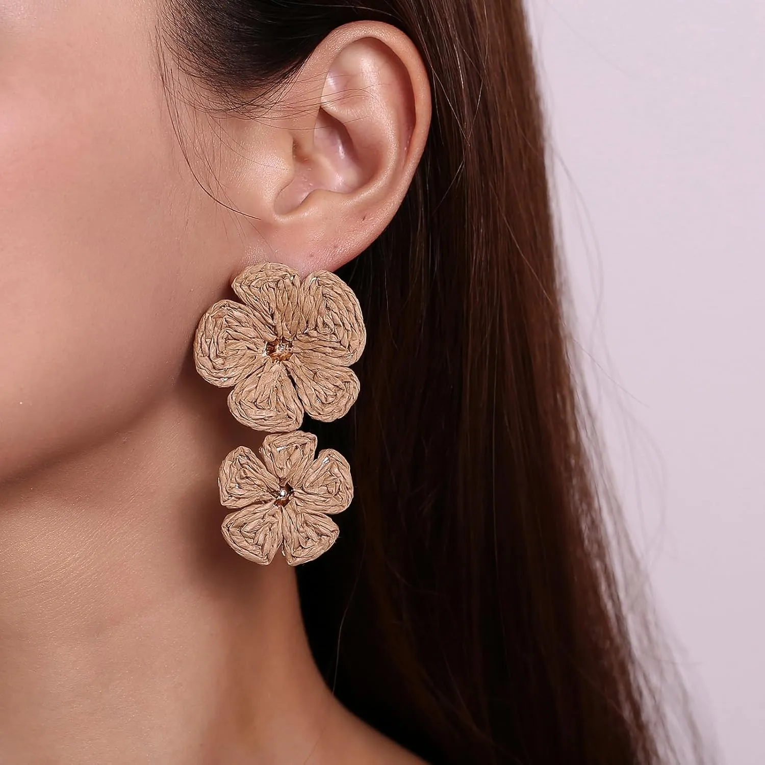 Raffia Flower Earrings, Raffia Straw Wrapped Flower Drop Dangle Earrings Summer Tropical Beach Jewelry