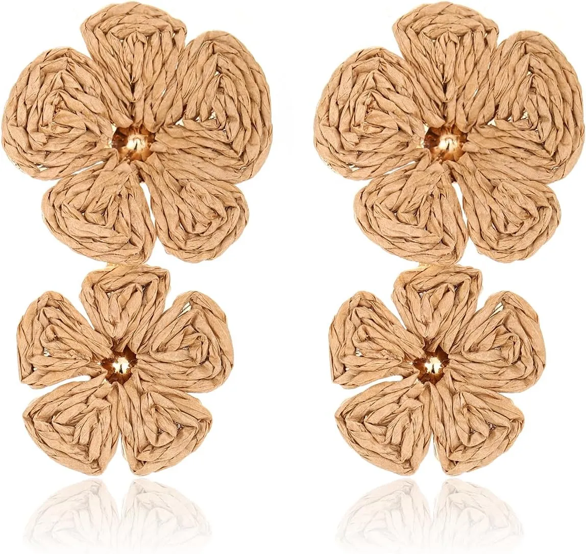 Raffia Flower Earrings, Raffia Straw Wrapped Flower Drop Dangle Earrings Summer Tropical Beach Jewelry