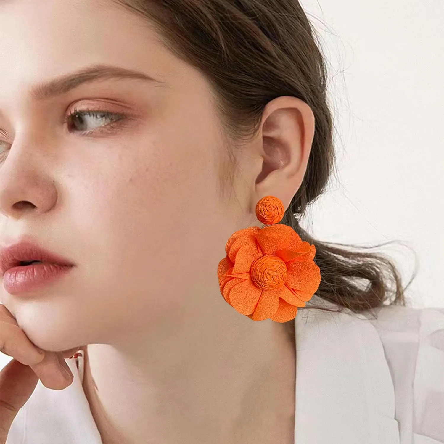 Rattan Earrings Summer Boho Handwoven Big Fabric Chiffon Rattan Flower Drop Earrings Statement Tropical Beach Vacation Jewelry