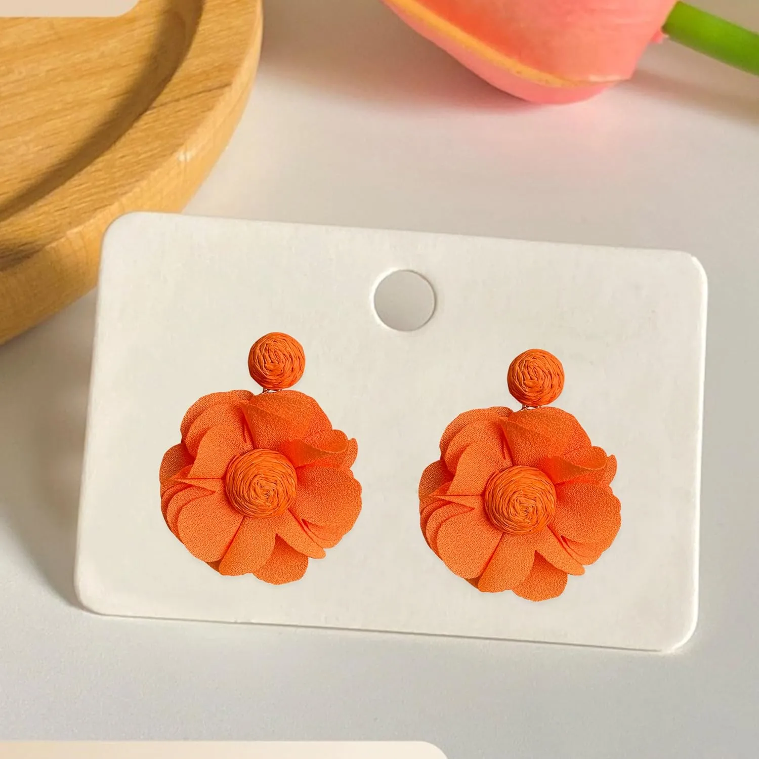 Rattan Earrings Summer Boho Handwoven Big Fabric Chiffon Rattan Flower Drop Earrings Statement Tropical Beach Vacation Jewelry