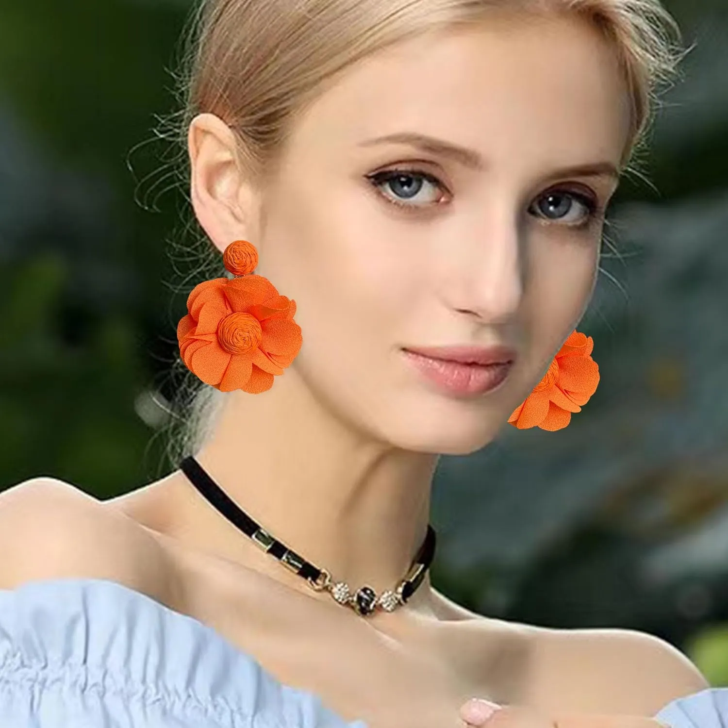 Rattan Earrings Summer Boho Handwoven Big Fabric Chiffon Rattan Flower Drop Earrings Statement Tropical Beach Vacation Jewelry