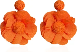 Rattan Earrings Summer Boho Handwoven Big Fabric Chiffon Rattan Flower Drop Earrings Statement Tropical Beach Vacation Jewelry