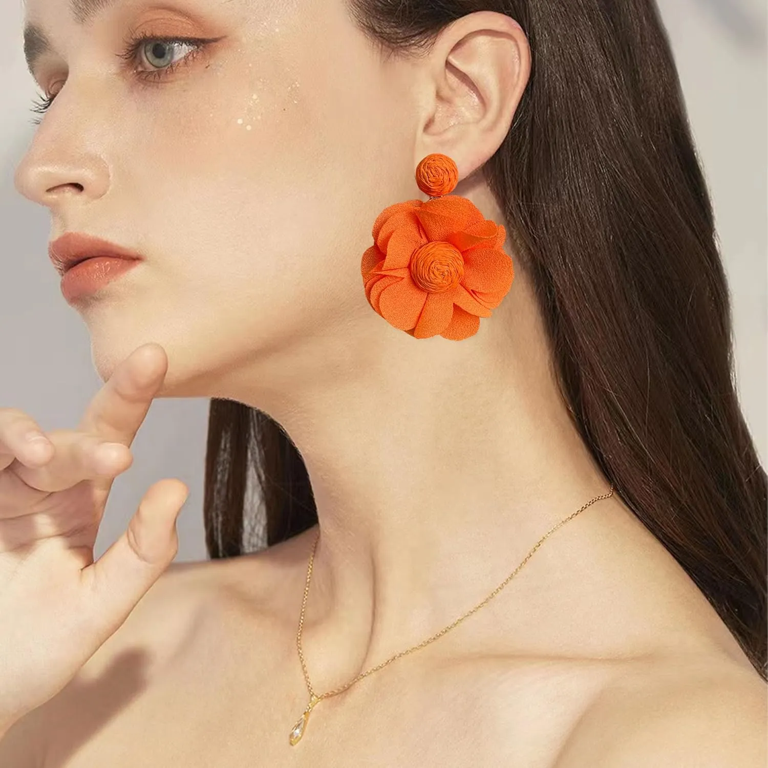 Rattan Earrings Summer Boho Handwoven Big Fabric Chiffon Rattan Flower Drop Earrings Statement Tropical Beach Vacation Jewelry