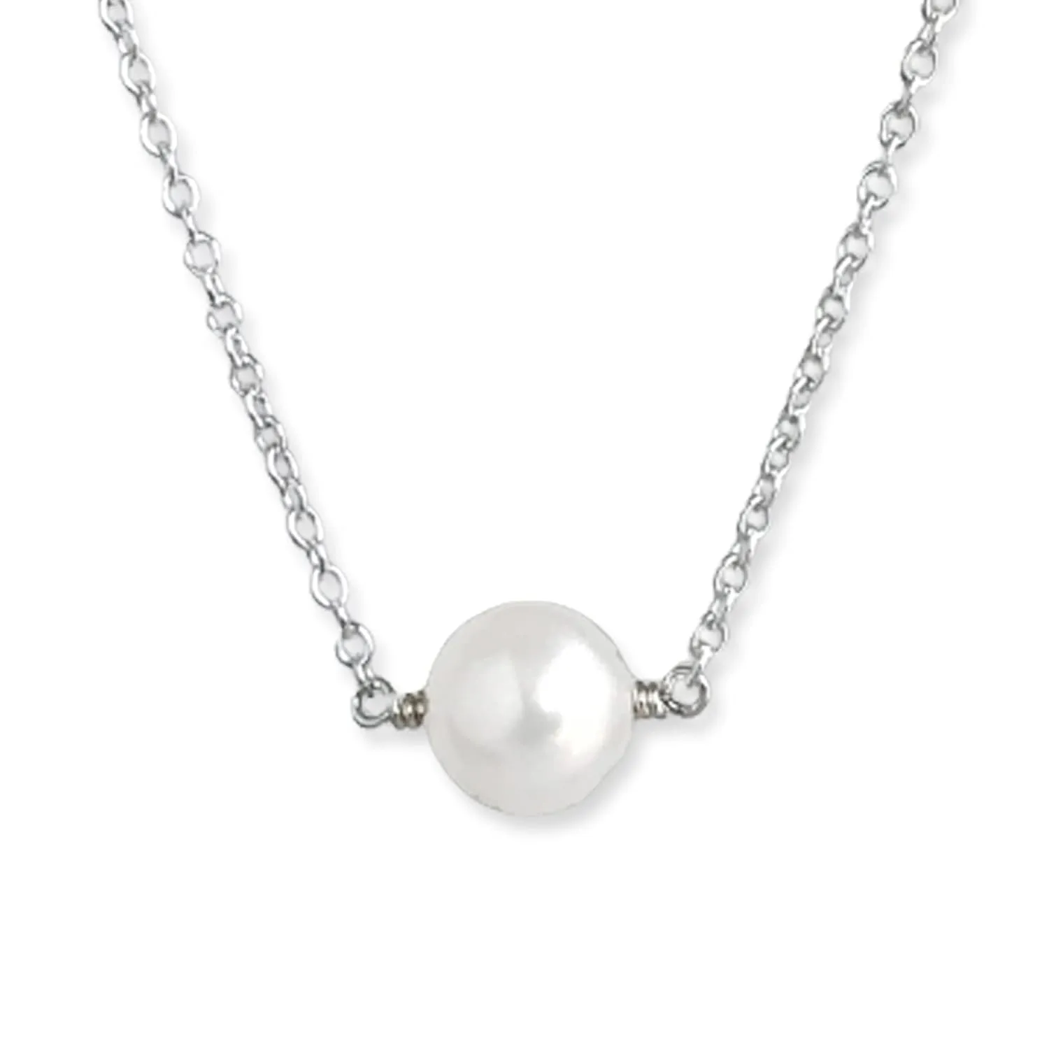 Real Pearl Necklace, Freshwater Cultured White Pearl Necklace, Handmade Single Pearl Necklaces, Layered Layering Bridal Bridesmaid One Pearl Necklace (18, Sterling Silver)