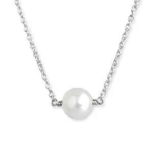 Real Pearl Necklace, Freshwater Cultured White Pearl Necklace, Handmade Single Pearl Necklaces, Layered Layering Bridal Bridesmaid One Pearl Necklace (18, Sterling Silver)
