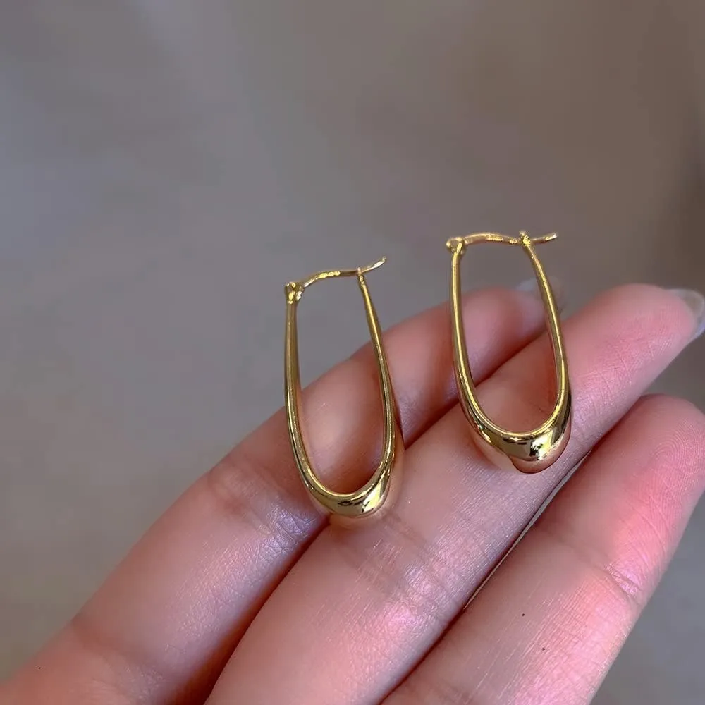 Rectangle U Shaped Teardrop Dangle Big Hoop Earrings for Women 18K Gold Plated Silver Hypoallergenic for Sensitive Ears Geometric Huggie Hoops Fashion Piercing Minimalist Hooped Jewelry Gifts 35mm
