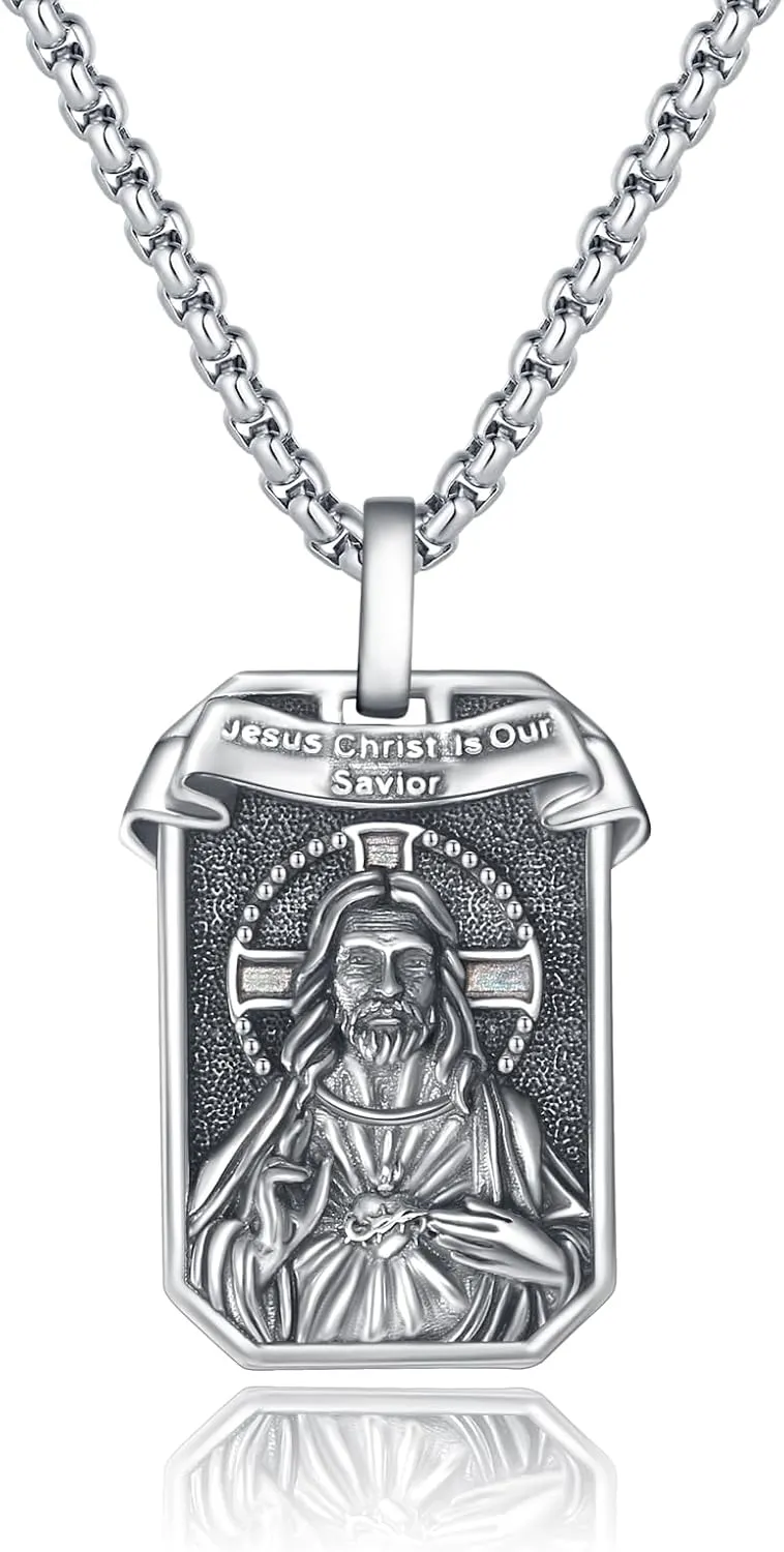 REDSUN 925 Sterling Silver Jesus Christ Religious Pendant Necklace Vintage Oxidized Jesus Jewelry 22 Inch Chain with 2 Inch Extension for Men Women Son