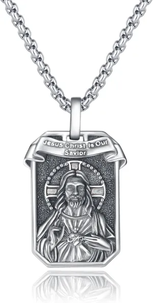 REDSUN 925 Sterling Silver Jesus Christ Religious Pendant Necklace Vintage Oxidized Jesus Jewelry 22 Inch Chain with 2 Inch Extension for Men Women Son
