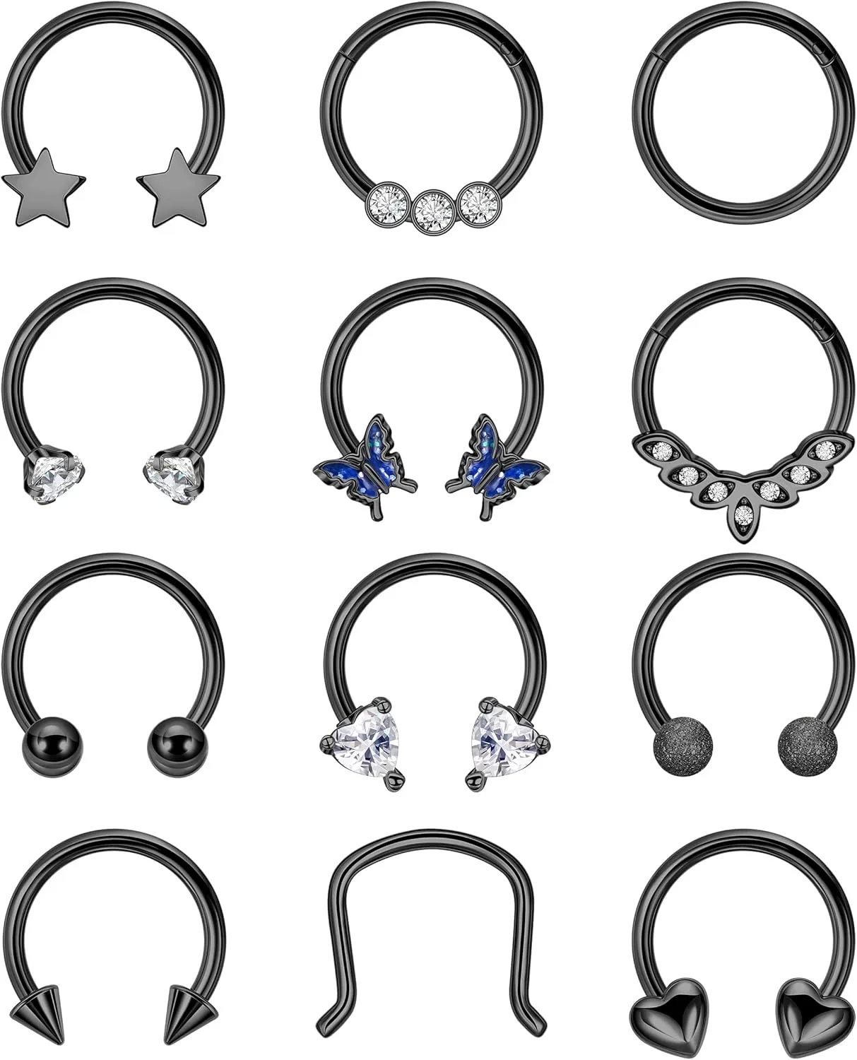REVOLIA 12Pcs 16G Surgical Steel Septum Rings for Women Men Horseshoe Septum Rings Hoop CZ Heart Star Butterfly Cartilage Helix Tragus Daith Earrings Piercing Jewelry