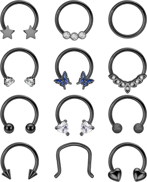 REVOLIA 12Pcs 16G Surgical Steel Septum Rings for Women Men Horseshoe Septum Rings Hoop CZ Heart Star Butterfly Cartilage Helix Tragus Daith Earrings Piercing Jewelry
