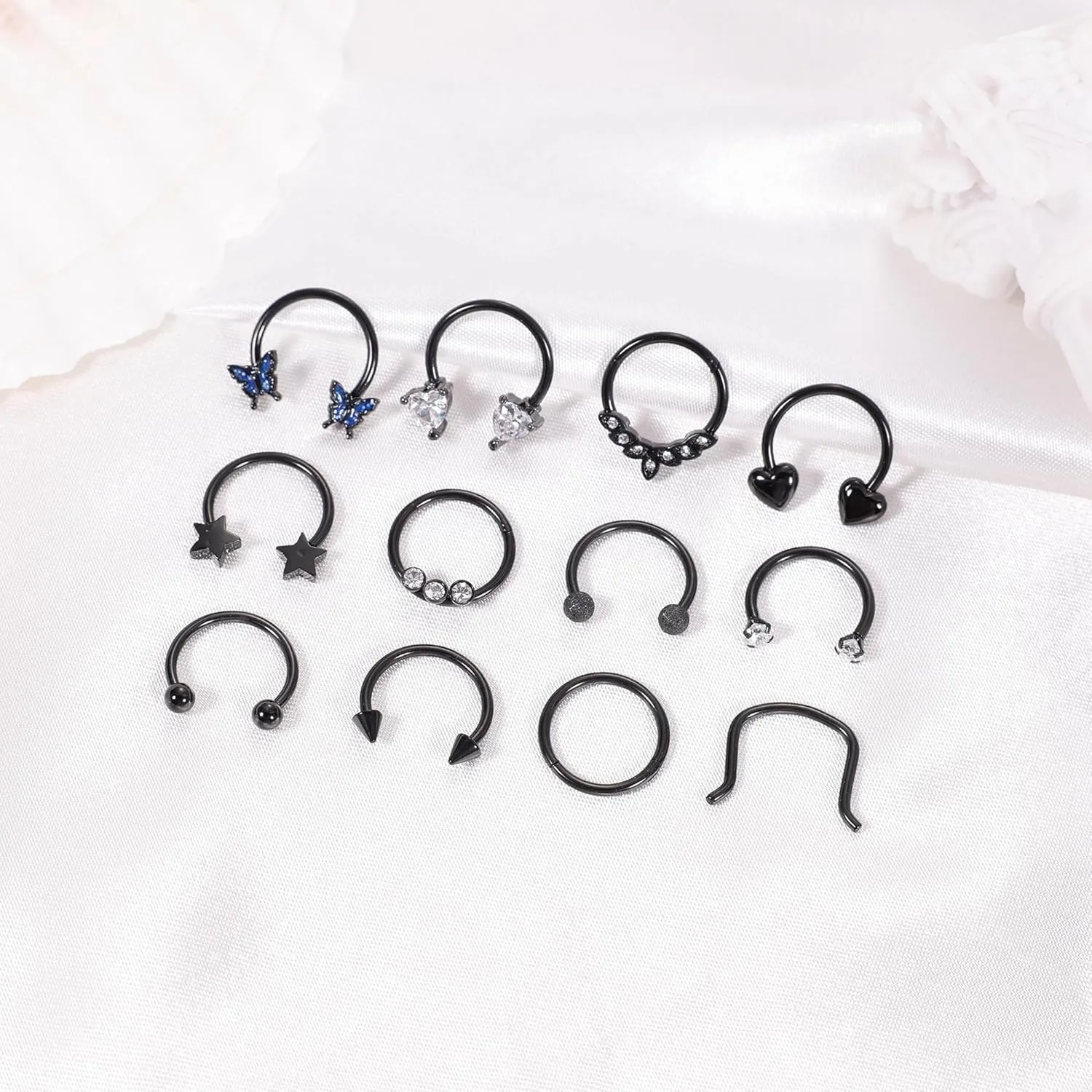 REVOLIA 12Pcs 16G Surgical Steel Septum Rings for Women Men Horseshoe Septum Rings Hoop CZ Heart Star Butterfly Cartilage Helix Tragus Daith Earrings Piercing Jewelry