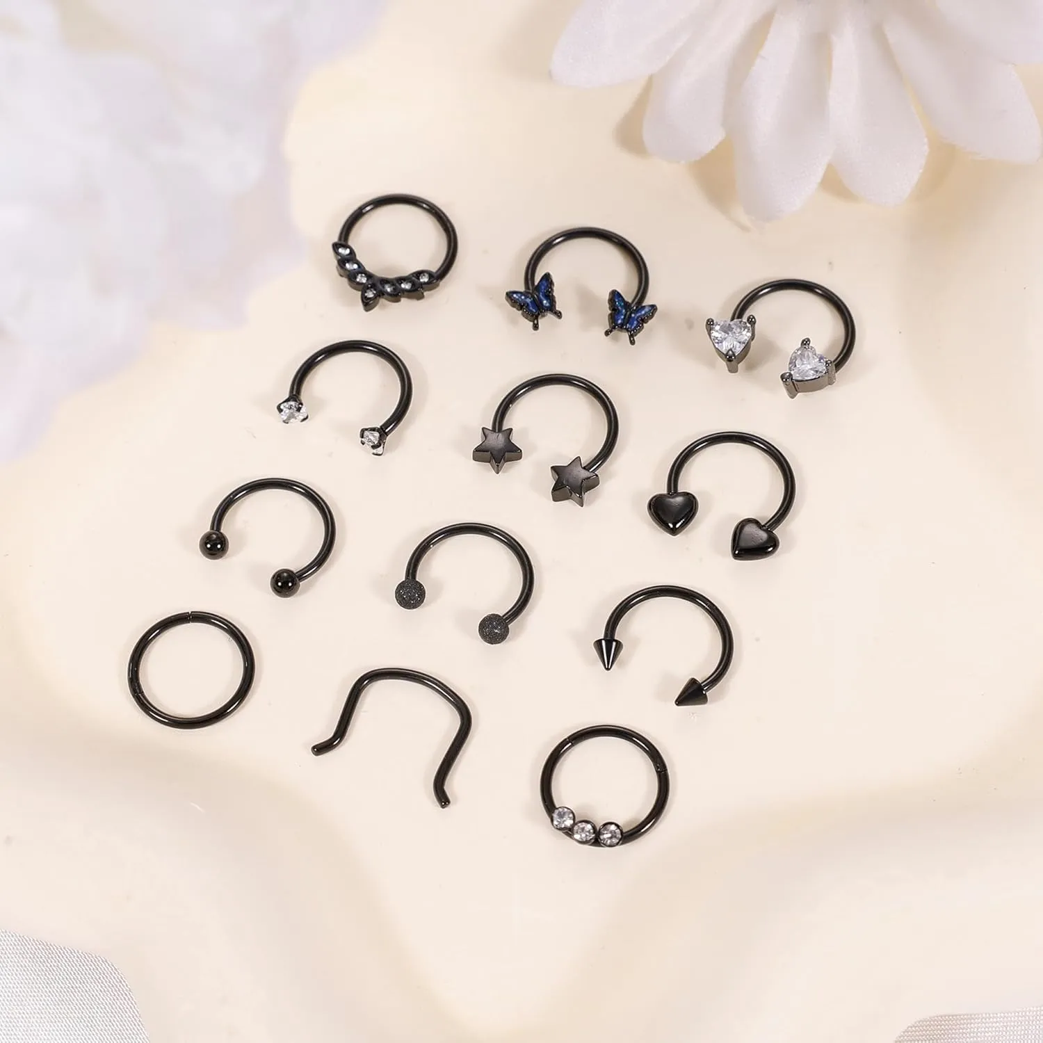 REVOLIA 12Pcs 16G Surgical Steel Septum Rings for Women Men Horseshoe Septum Rings Hoop CZ Heart Star Butterfly Cartilage Helix Tragus Daith Earrings Piercing Jewelry