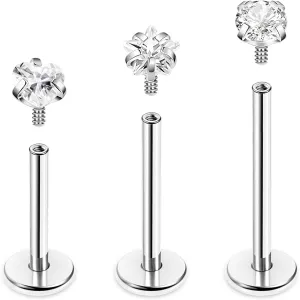 REVOLIA 16G/18G 3Pcs G23 Solid Titanium Internally Threaded Labret Lip Studs for Women Men Clear CZ Medusa Monroe Rings Cartilage Tragus Helix Conch Earrings
