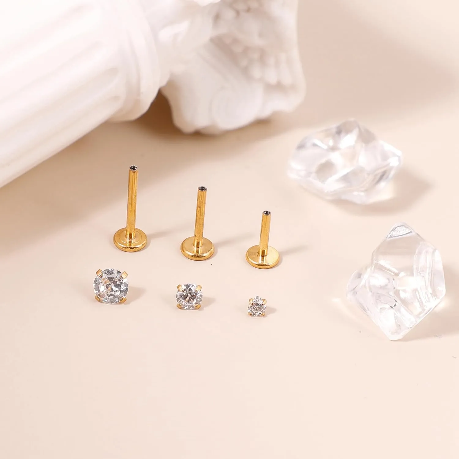 REVOLIA 16G/18G 3Pcs G23 Solid Titanium Internally Threaded Labret Lip Studs for Women Men Clear CZ Medusa Monroe Rings Cartilage Tragus Helix Conch Earrings