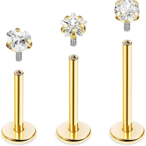 REVOLIA 16G/18G 3Pcs G23 Solid Titanium Internally Threaded Labret Lip Studs for Women Men Clear CZ Medusa Monroe Rings Cartilage Tragus Helix Conch Earrings