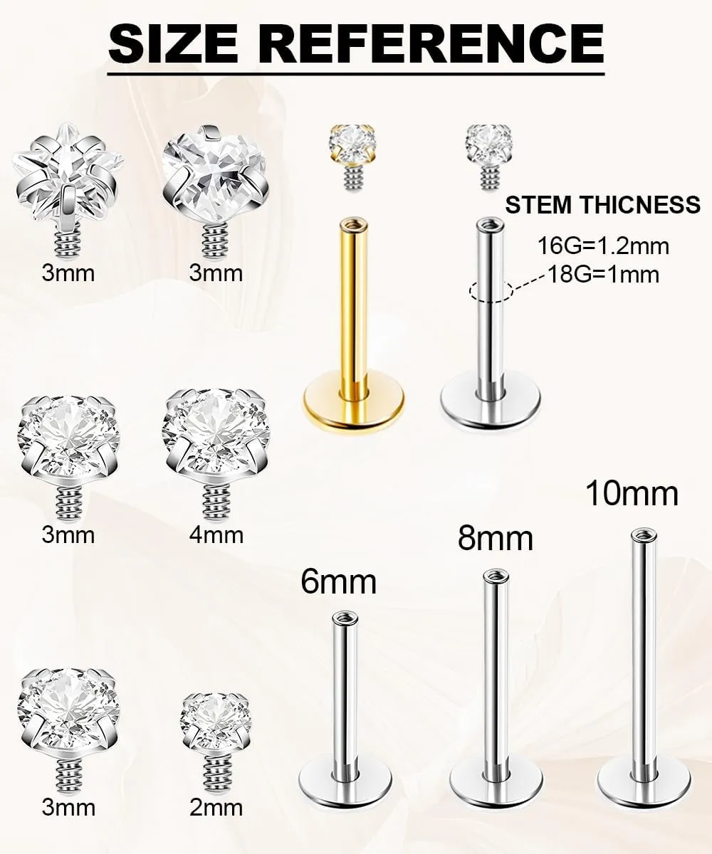 REVOLIA 16G/18G 3Pcs G23 Solid Titanium Internally Threaded Labret Lip Studs for Women Men Clear CZ Medusa Monroe Rings Cartilage Tragus Helix Conch Earrings