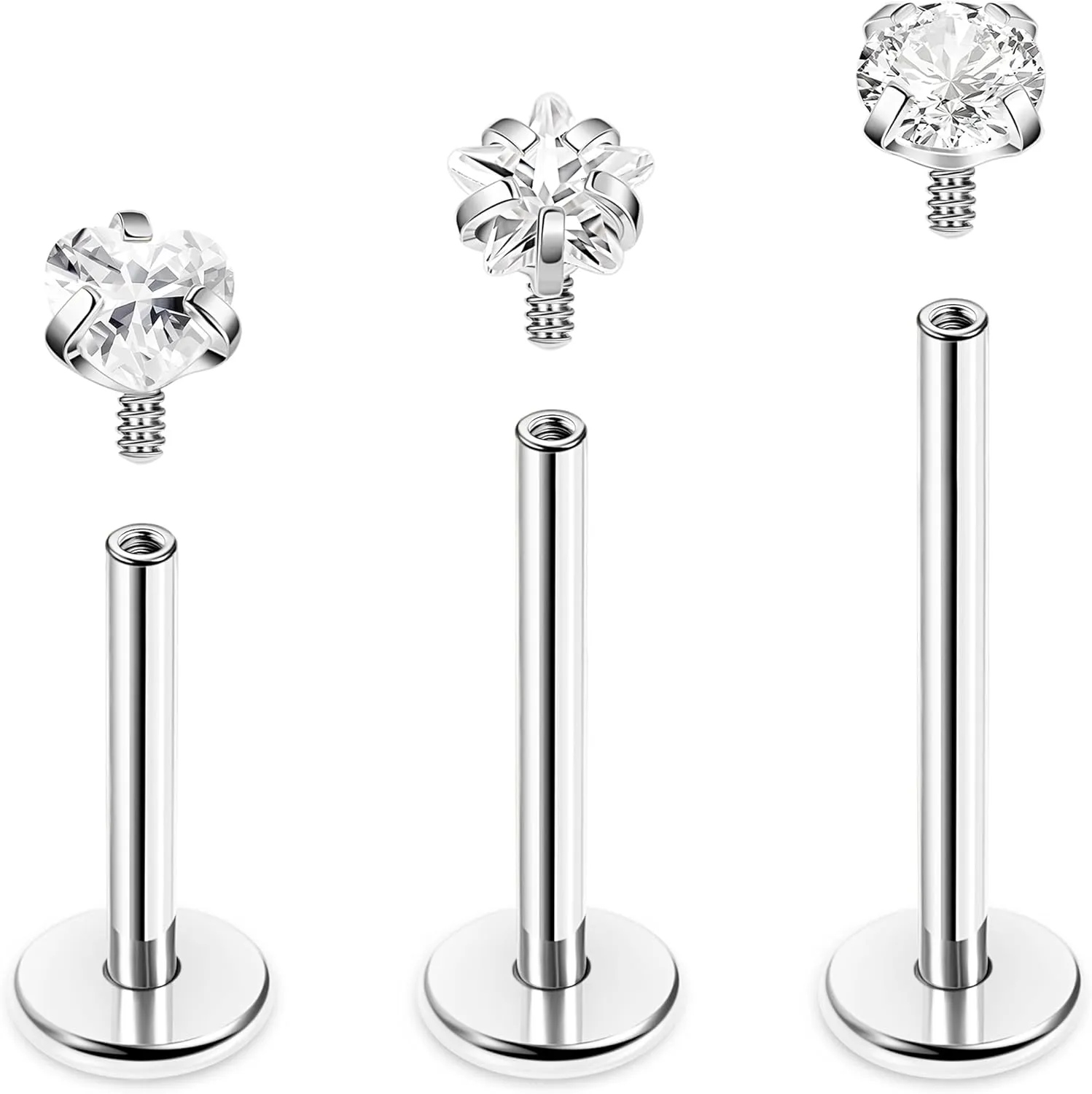 REVOLIA 16G/18G 3Pcs G23 Solid Titanium Internally Threaded Labret Lip Studs for Women Men Clear CZ Medusa Monroe Rings Cartilage Tragus Helix Conch Earrings