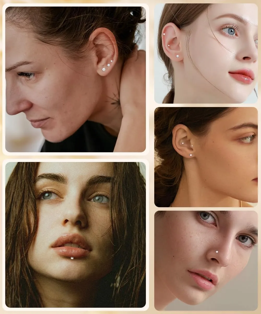REVOLIA 16G/18G 3Pcs G23 Solid Titanium Internally Threaded Labret Lip Studs for Women Men Clear CZ Medusa Monroe Rings Cartilage Tragus Helix Conch Earrings