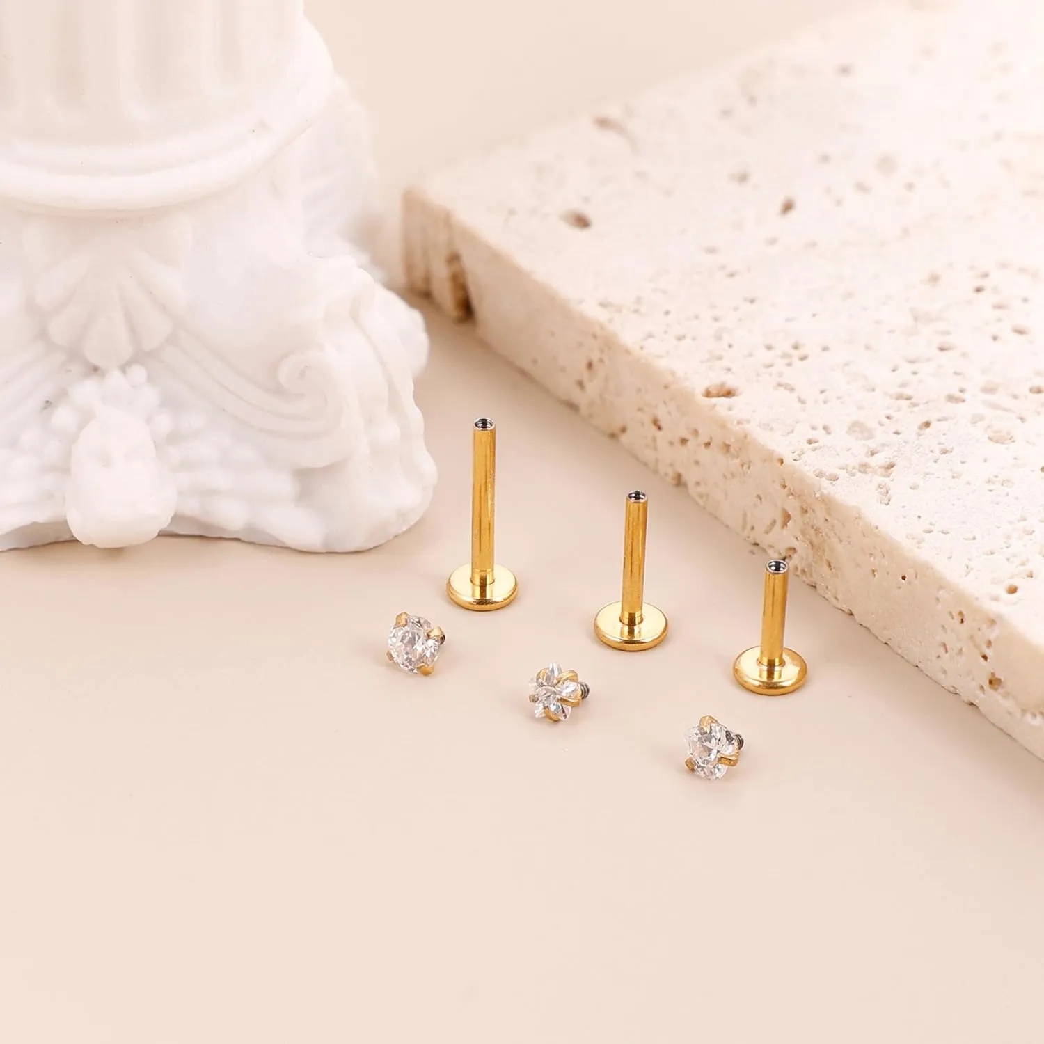 REVOLIA 16G/18G 3Pcs G23 Solid Titanium Internally Threaded Labret Lip Studs for Women Men Clear CZ Medusa Monroe Rings Cartilage Tragus Helix Conch Earrings