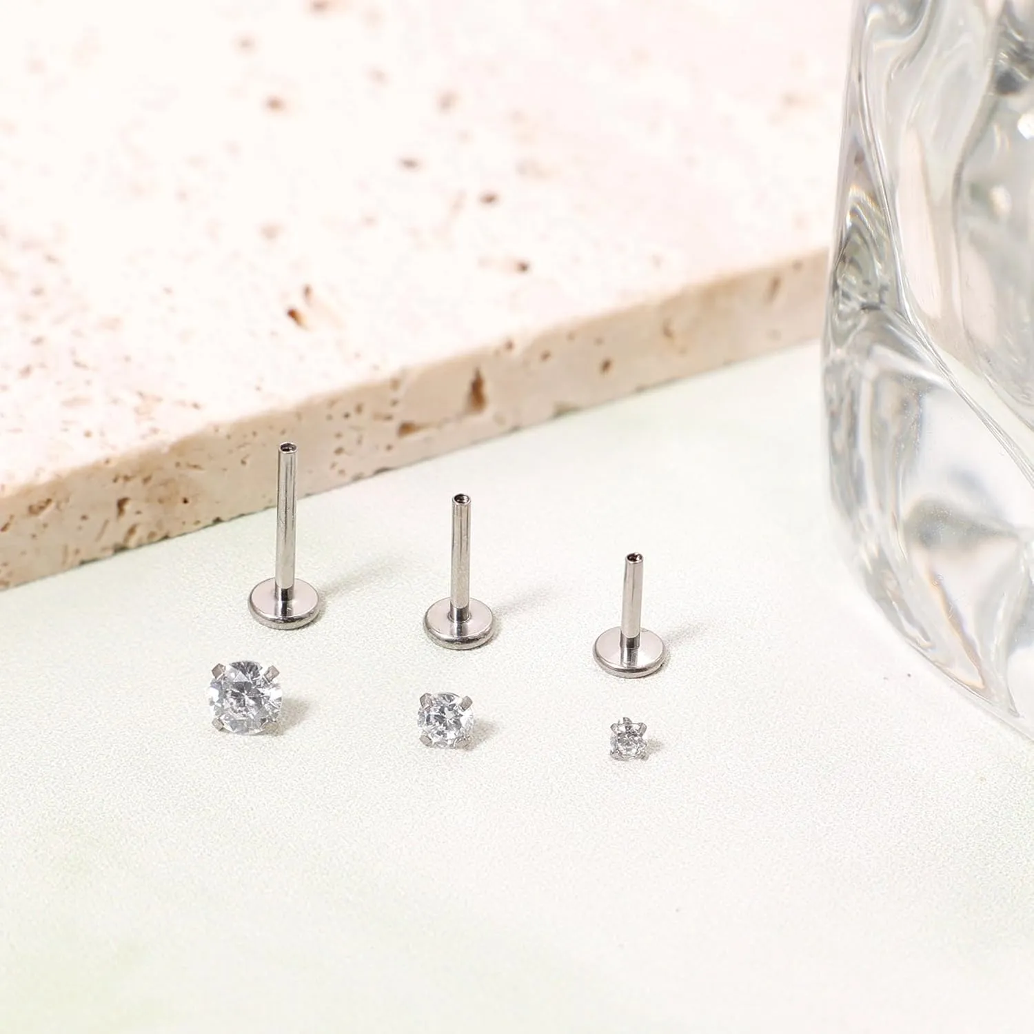 REVOLIA 16G/18G 3Pcs G23 Solid Titanium Internally Threaded Labret Lip Studs for Women Men Clear CZ Medusa Monroe Rings Cartilage Tragus Helix Conch Earrings