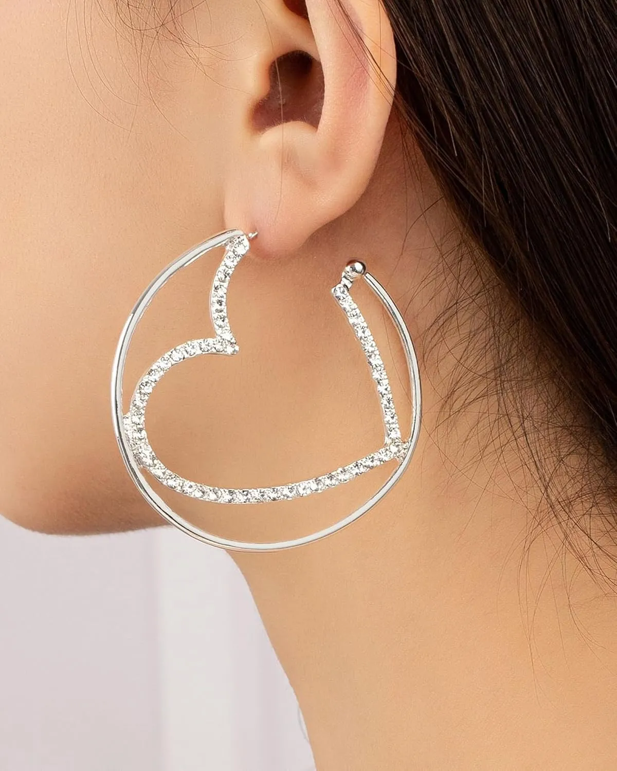 Rhinestone Heart Hoop Earrings for Women Sparkly Silver Heart Huggie Earrings Wedding Party Prom Jewelry Gifts for Her
