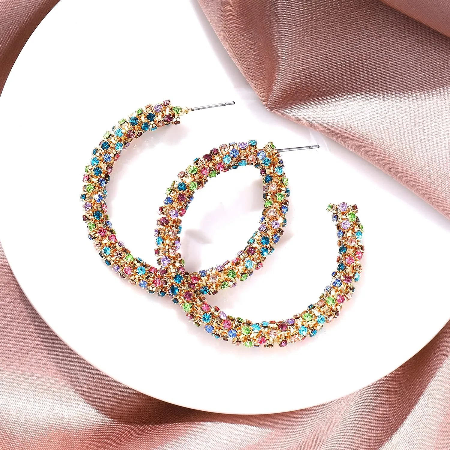 Rhinestone Hoop Earring for Women Sparkly Crystal Wrapped Hoop Dangle Earrings Statement Boho Gold Black Plated CZ Hoop Earring