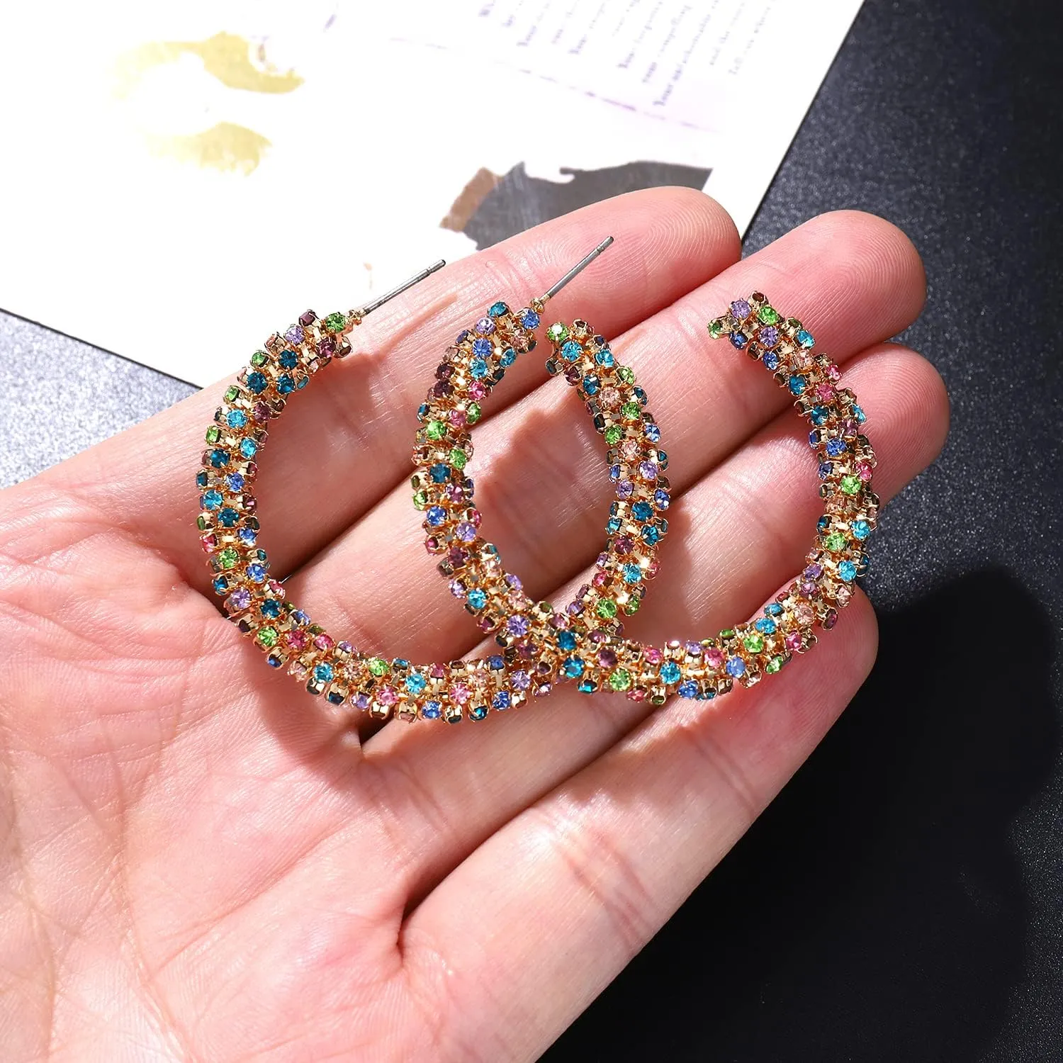 Rhinestone Hoop Earring for Women Sparkly Crystal Wrapped Hoop Dangle Earrings Statement Boho Gold Black Plated CZ Hoop Earring