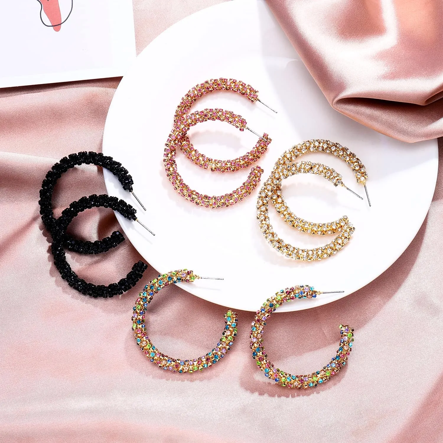 Rhinestone Hoop Earring for Women Sparkly Crystal Wrapped Hoop Dangle Earrings Statement Boho Gold Black Plated CZ Hoop Earring