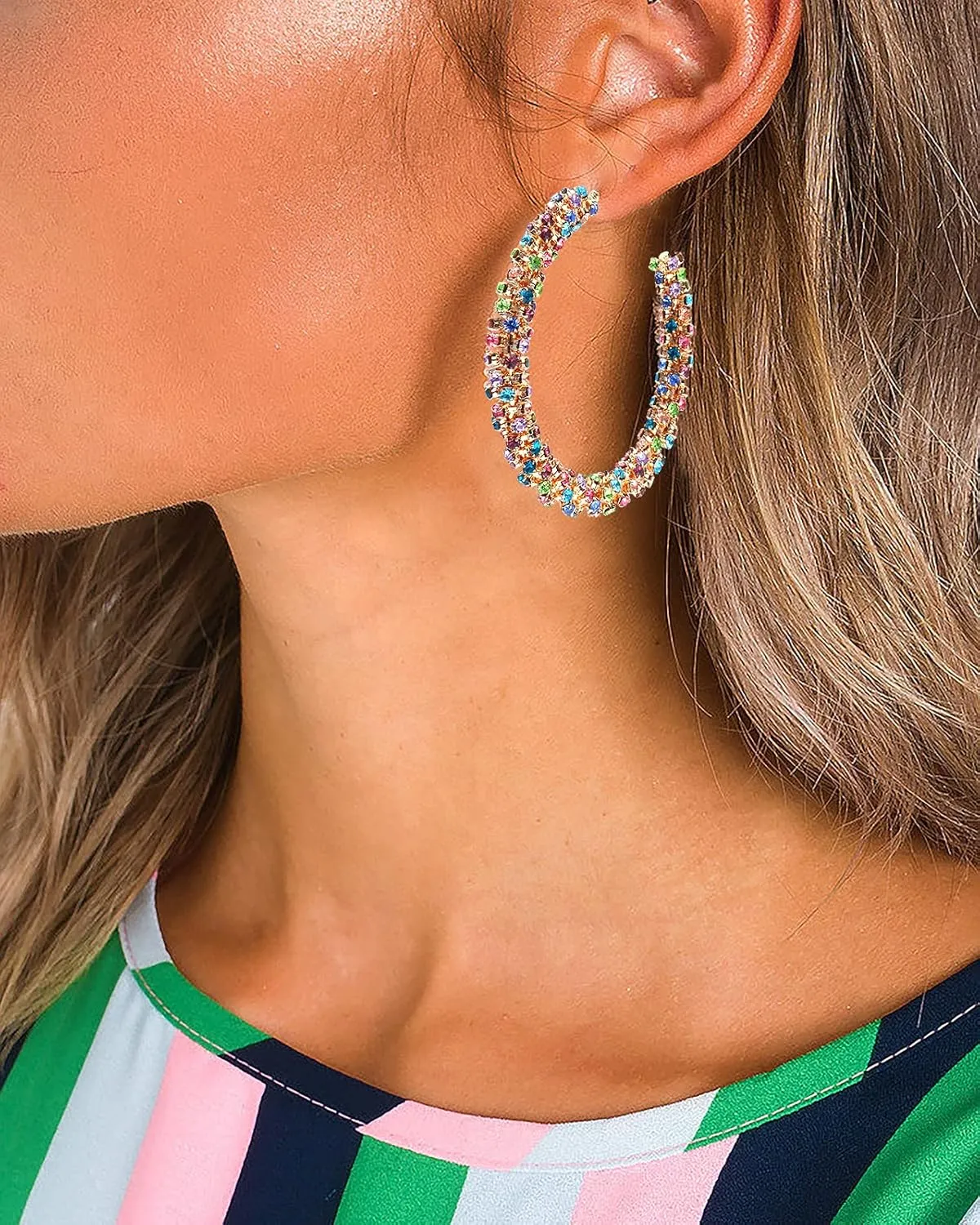 Rhinestone Hoop Earring for Women Sparkly Crystal Wrapped Hoop Dangle Earrings Statement Boho Gold Black Plated CZ Hoop Earring