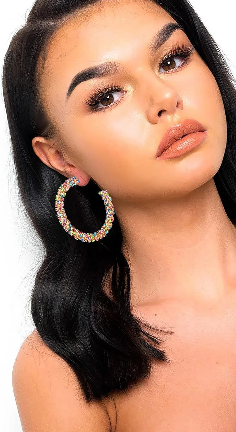 Rhinestone Hoop Earring for Women Sparkly Crystal Wrapped Hoop Dangle Earrings Statement Boho Gold Black Plated CZ Hoop Earring