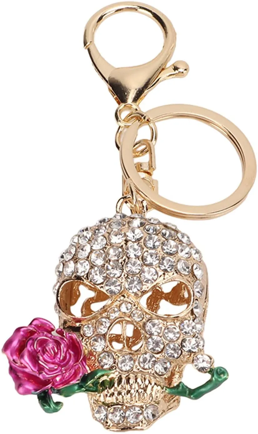 Rhinestone Keychain Skull Keychain Rhinestones Stylish Pendant Rose Flower Rhinestones Keychain for Car Purse Backpack(Peach)