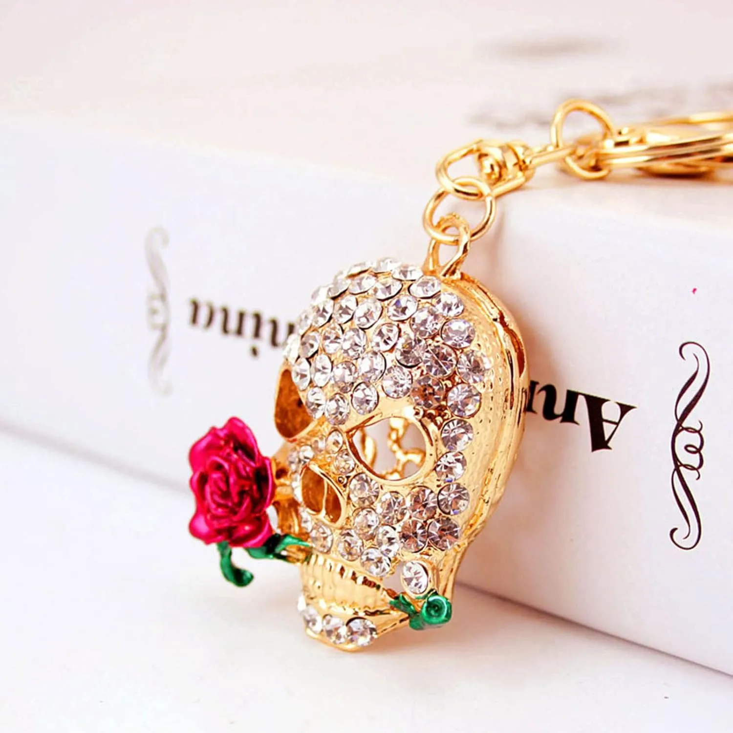 Rhinestone Keychain Skull Keychain Rhinestones Stylish Pendant Rose Flower Rhinestones Keychain for Car Purse Backpack(Peach)