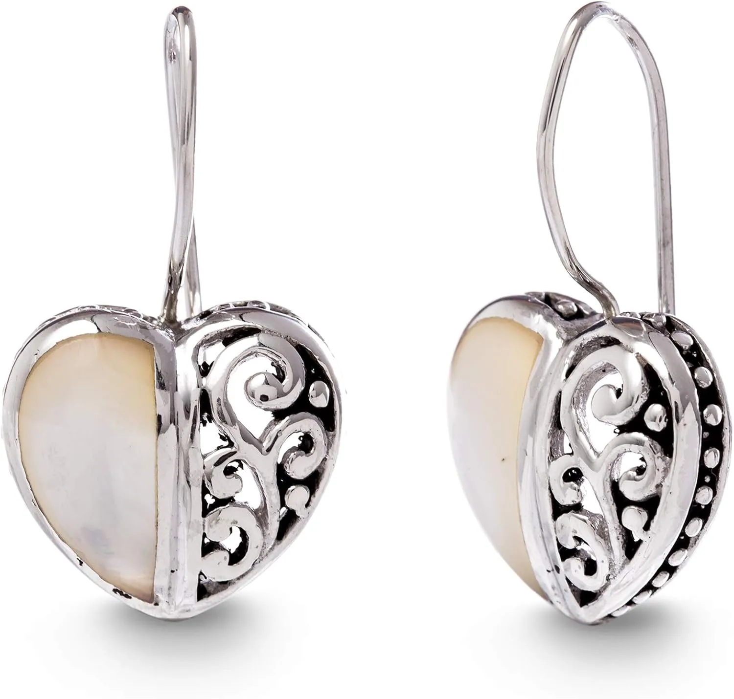 Rhodium Plated Oxidized Sterling Silver Mother of Pearl Filigree Heart French Wire Drop Earrings for Women