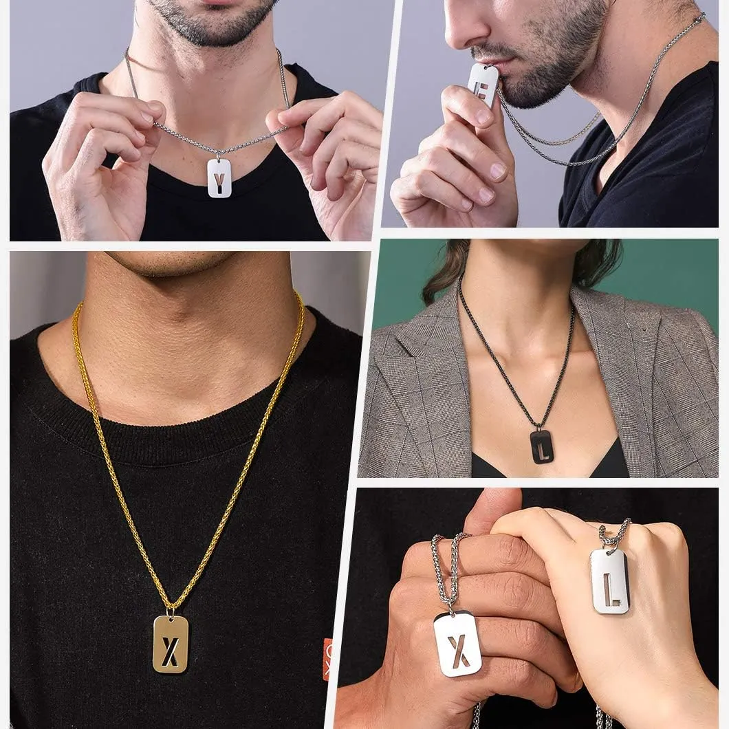 Richsteel Initial Necklaces for Men Letter Dog Tag for Women Military Tag Pendant with Spiga Chain Monogram Jewelry
