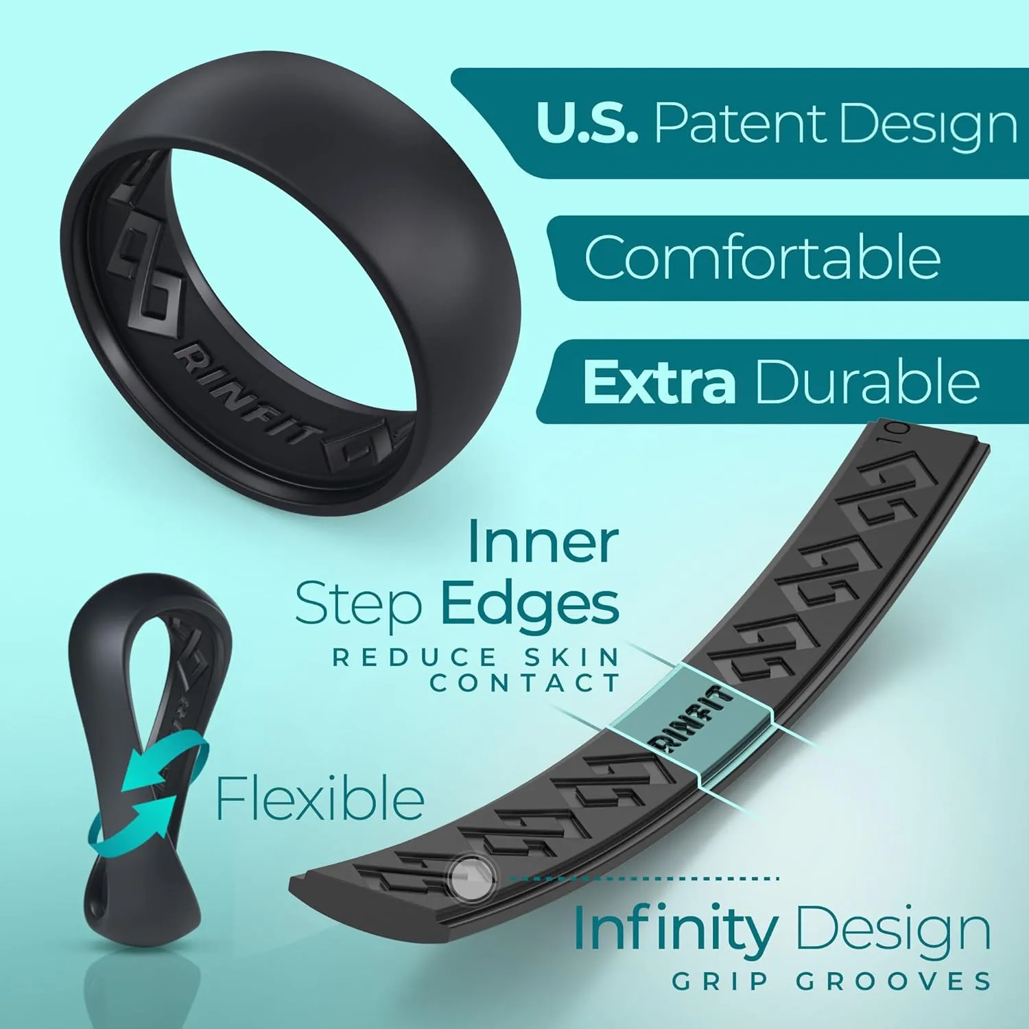 Rinfit Silicone Rings for Men 9mm Wide, 2mm Thick - Mens Silicone Wedding Bands - Step Edge, Rubber Ring for Sports & Workout - Patented Design