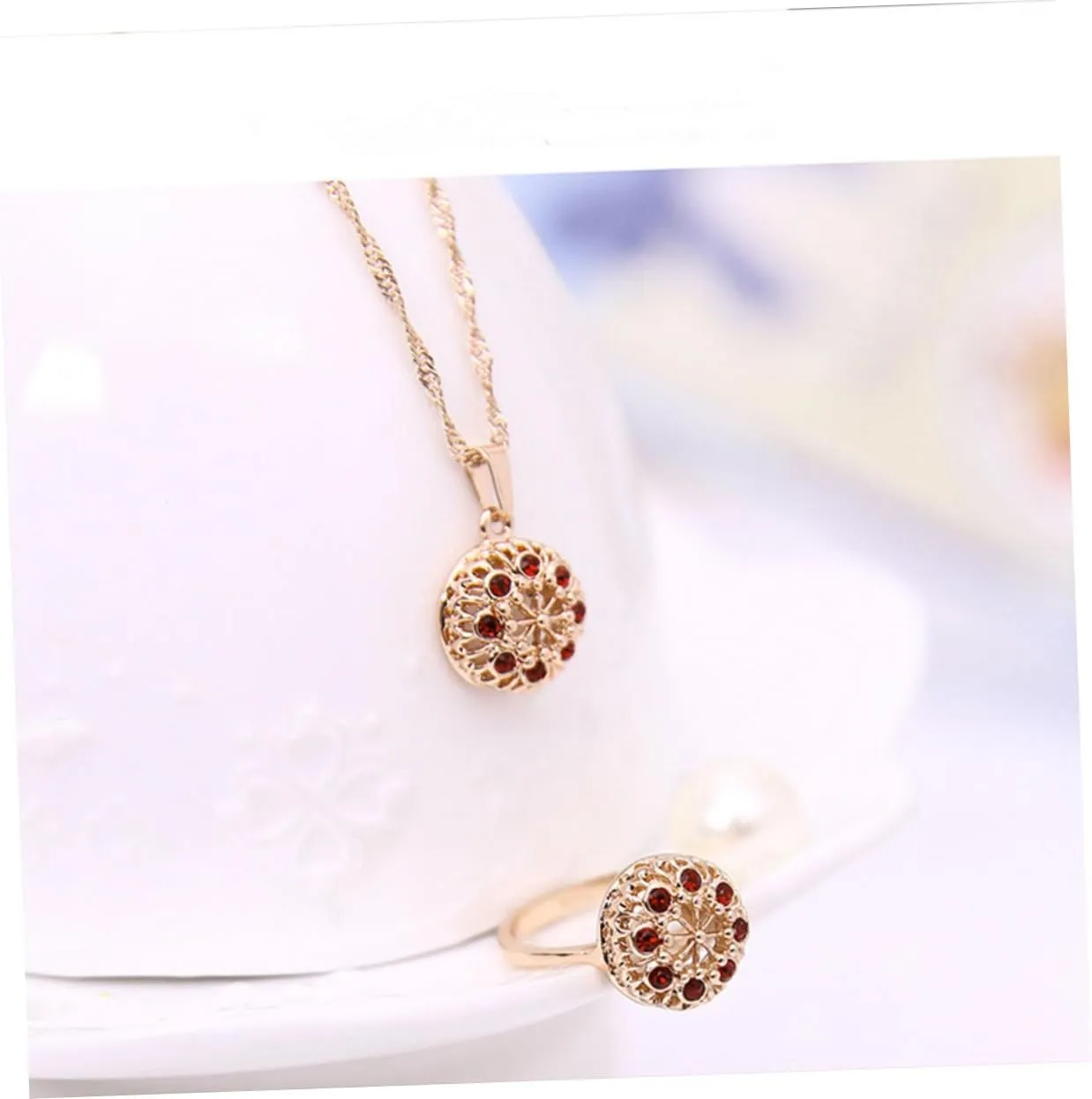 Ring Imitation Pearl Necklace Crystal Jewelry Kit Red Crimson Jewelry