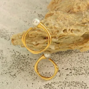 Ring,French New Jewelry Retro Style Fashion High-end Imitation Pearl Open Ring Titanium Steel Gold-Plated Ring