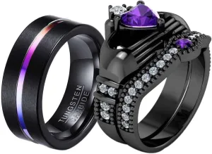 ringheart Couple Rings Black Gold Filled Heart Cut Purple Cz Womens Wedding Ring Sets Claddagh Ring Man Tungsten Wedding BandPlease Buy 2 Rings for 1 Pair