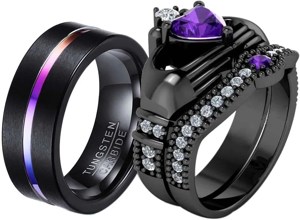 ringheart Couple Rings Black Gold Filled Heart Cut Purple Cz Womens Wedding Ring Sets Claddagh Ring Man Tungsten Wedding BandPlease Buy 2 Rings for 1 Pair