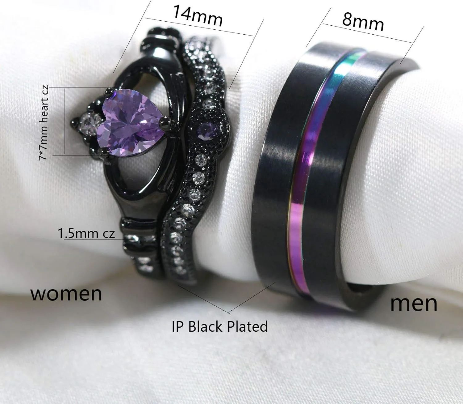 ringheart Couple Rings Black Gold Filled Heart Cut Purple Cz Womens Wedding Ring Sets Claddagh Ring Man Tungsten Wedding BandPlease Buy 2 Rings for 1 Pair