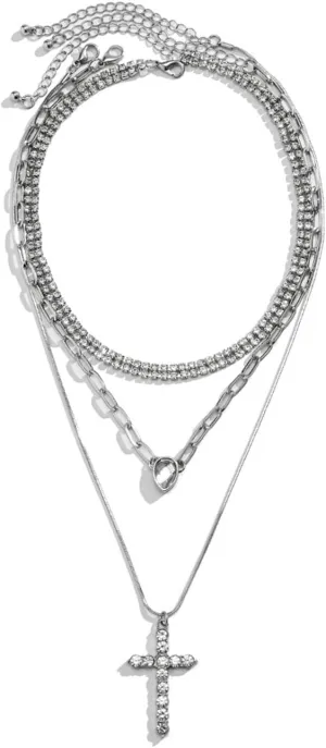 Roe Dolph Layered Cross Pendant Choker Necklaces Rhineston Crystal Cross Necklace Silver Paperclip Chain Necklace for Women