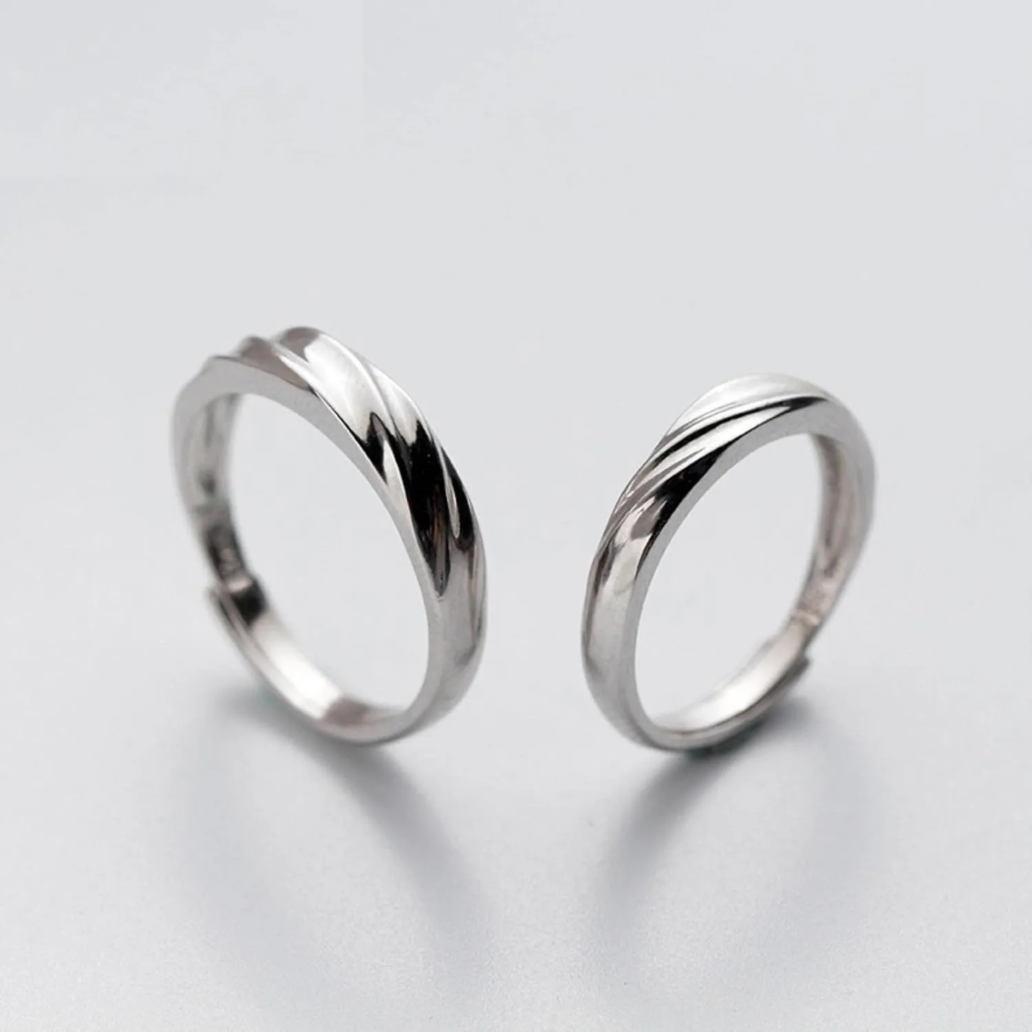 Romantic Sterling Silver 925 A Pair Couple Rings for Men Women Open Adjustable Geometric Oblique Lines Ring Fine Jewelry