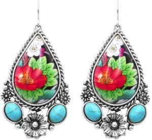 Rosemarie & Jubalee Women's Vintage Style Western Glass Bubble Flower Cabochon Dangle Earrings, 2.25"
