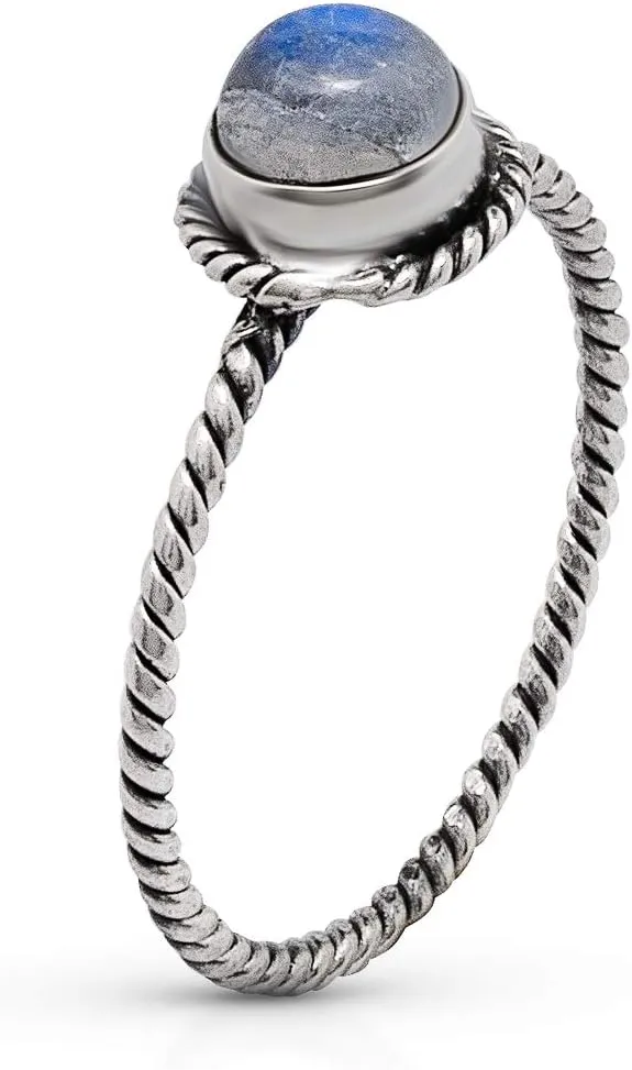Round Labradorite Delicate 925 Sterling Silver Ring - Delicate BOHO Chic Jewelry - Fashionable and Stylish for Women with Velvet Gift Bag/Box - Made by Indian Artisans - Size 6-9