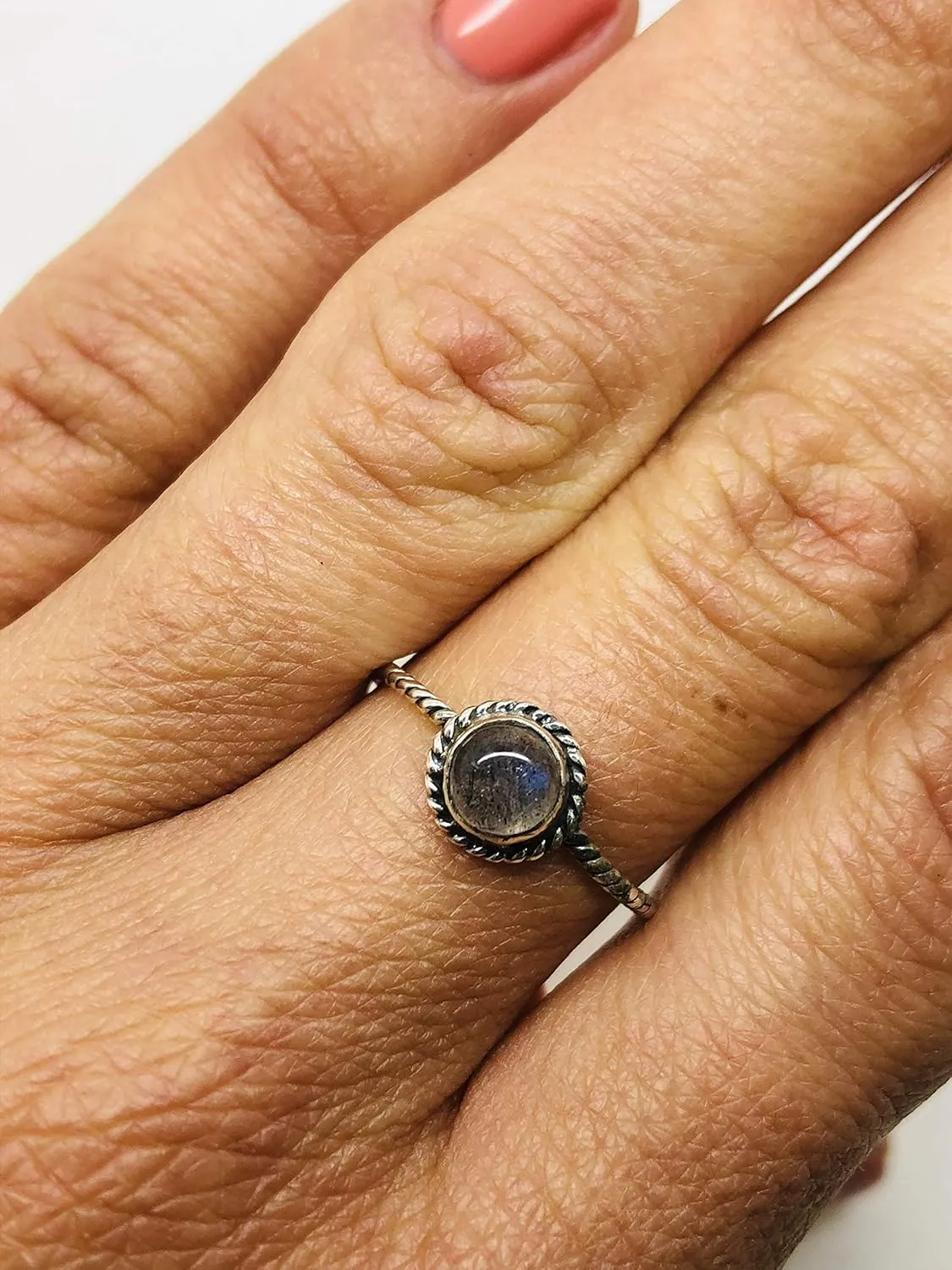 Round Labradorite Delicate 925 Sterling Silver Ring - Delicate BOHO Chic Jewelry - Fashionable and Stylish for Women with Velvet Gift Bag/Box - Made by Indian Artisans - Size 6-9