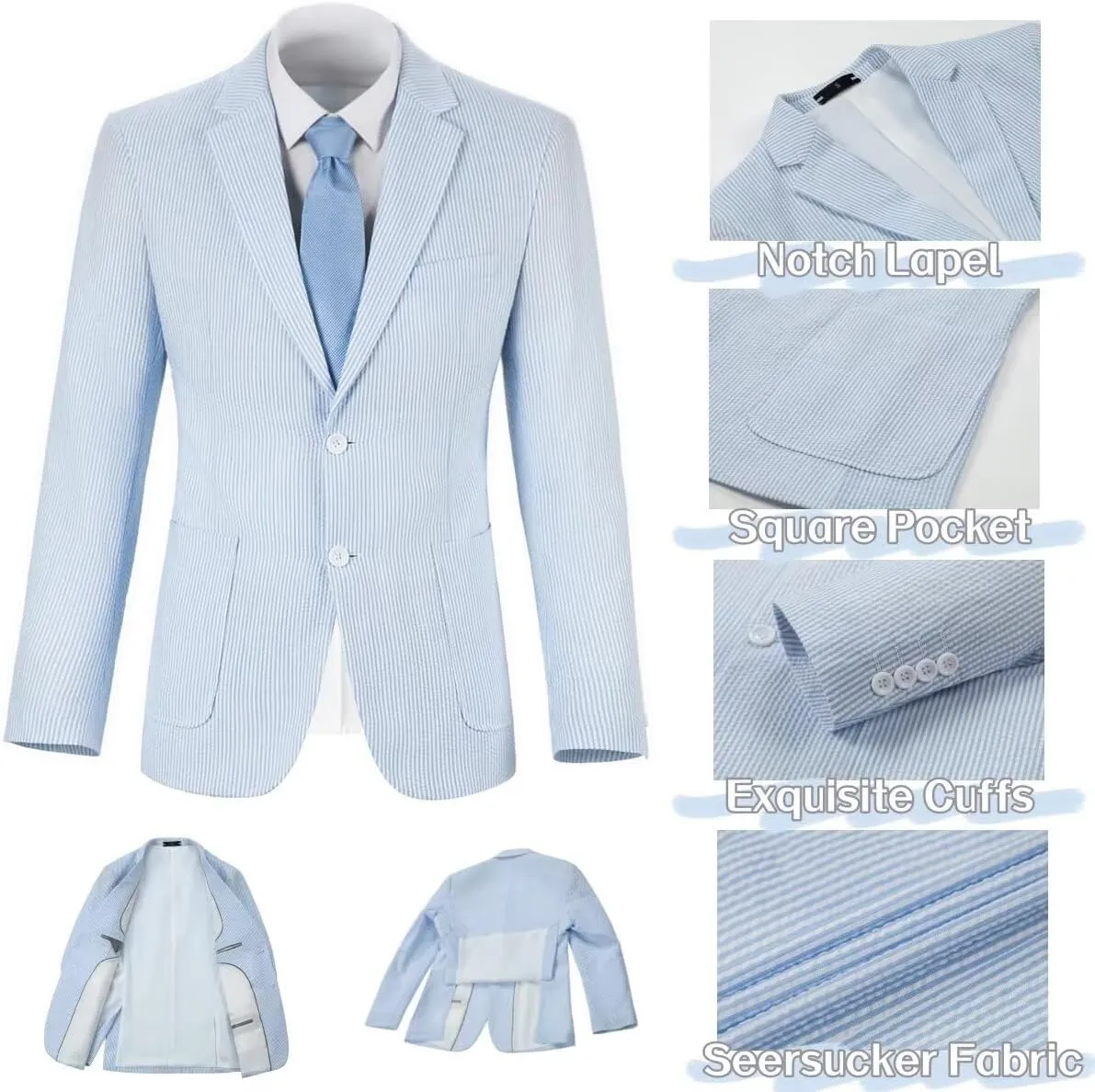 ROZU Boys Seersucker Blazer Lightweight Breathable Jacket Casual Stylish Summer Sport Coat for Wedding Travel